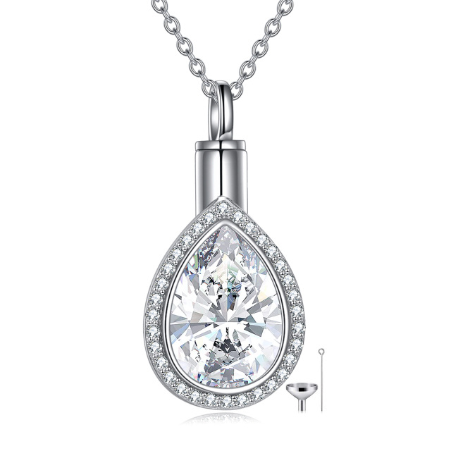 Sterling Silver Cubic Zirconia Tear Drop Shape Urn Necklace for Ashes-0