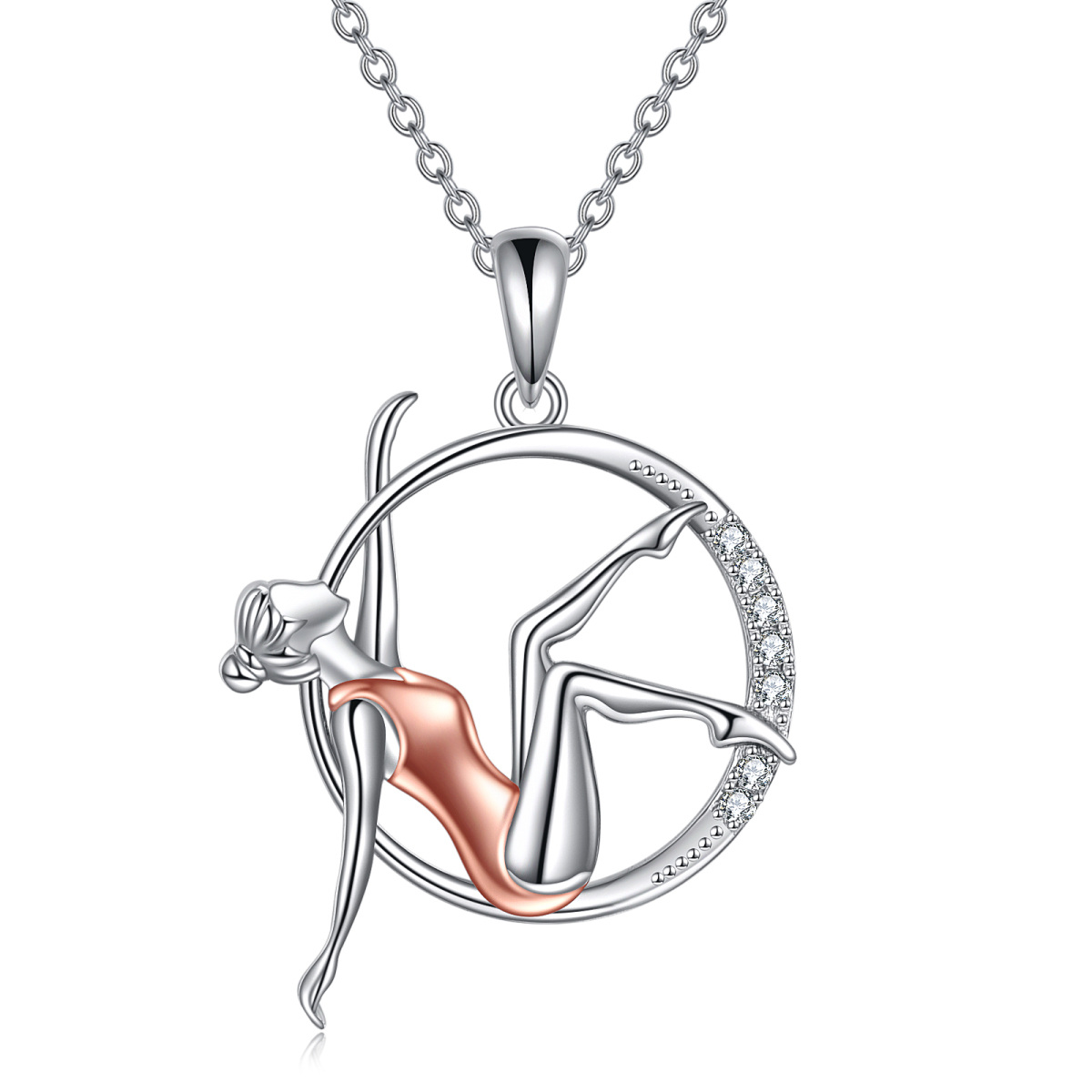 Sterling Silver Two-tone Round Zircon Gymnast Pendant Necklace-1