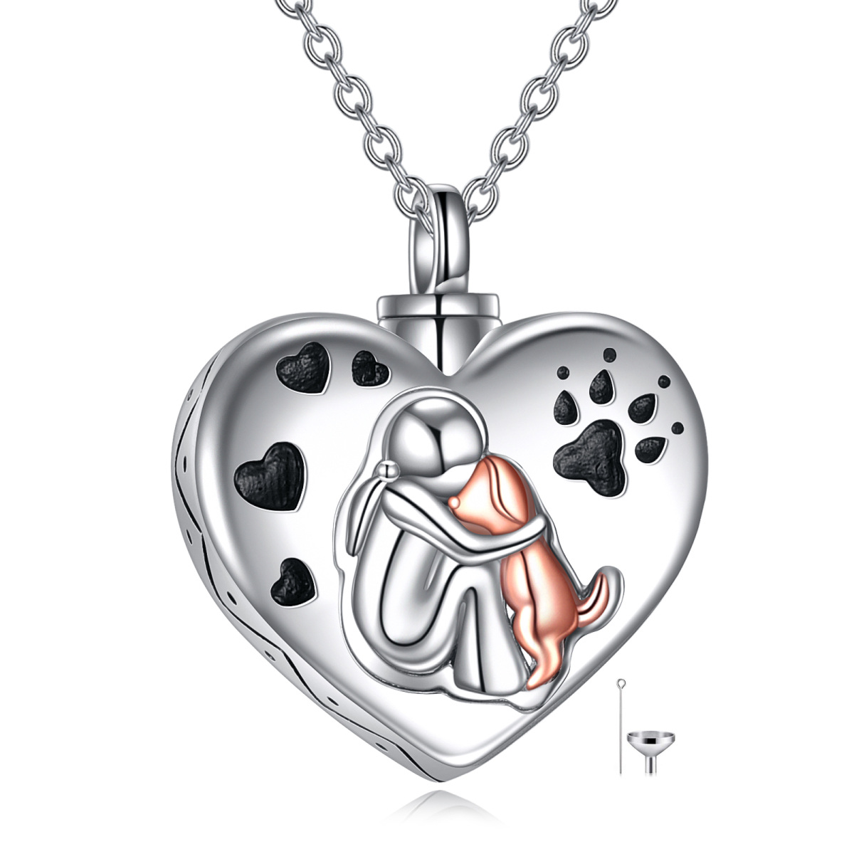 Sterling Silver Tri-tone Dog & Footprints & Heart Urn Necklace for Ashes with Engraved Word-1