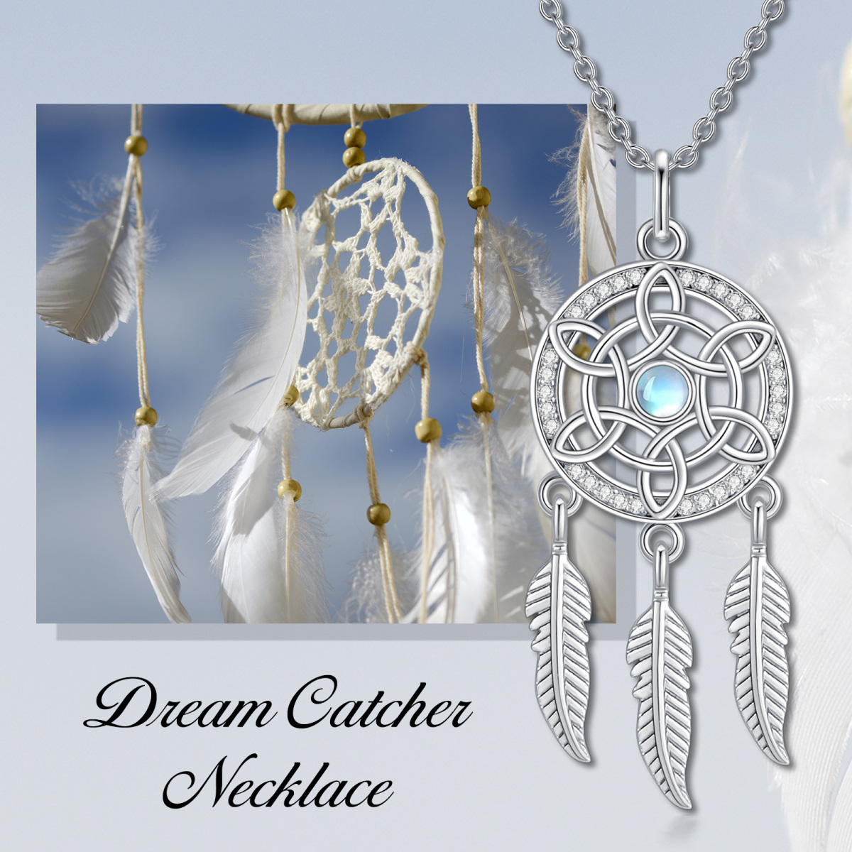 Sterling Silver Round Moonstone Dream Catcher Pendant Necklace-6