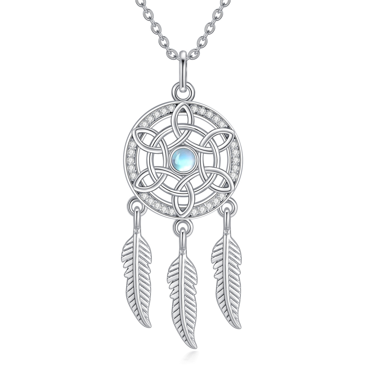 Sterling Silver Round Moonstone Dream Catcher Pendant Necklace-1