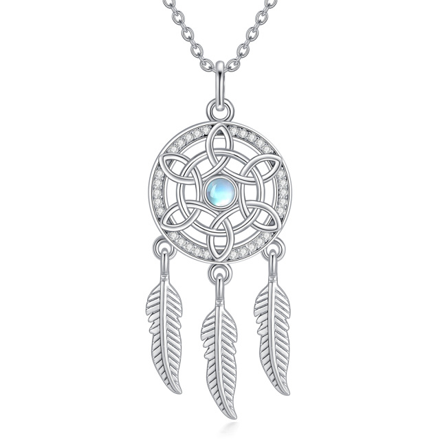 Sterling Silver Round Moonstone Dream Catcher Pendant Necklace-3