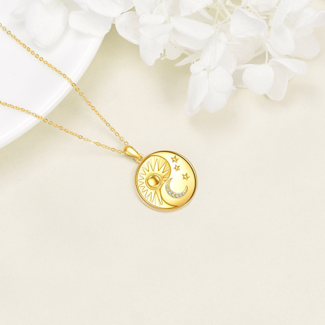 Sterling Silver with Yellow Gold Plated Circular Shaped Cubic Zirconia Moon & Round & Star & Sun Pendant Necklace-3