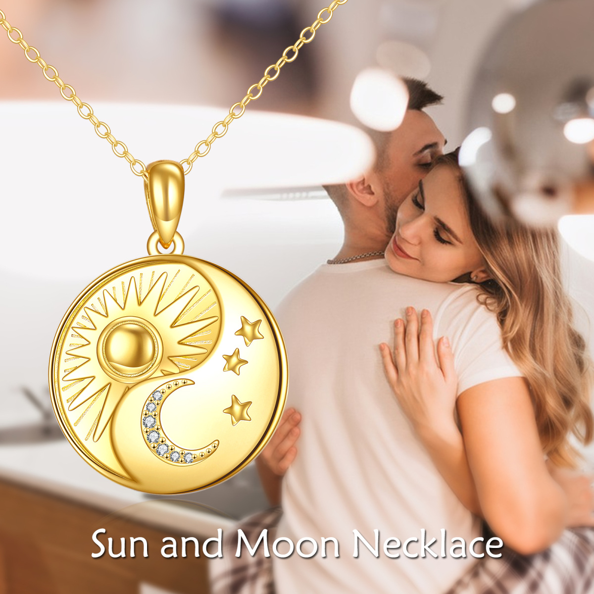 Plata de ley con chapado en oro amarillo Circular en forma de Circonita Luna y Ronda y Est-6