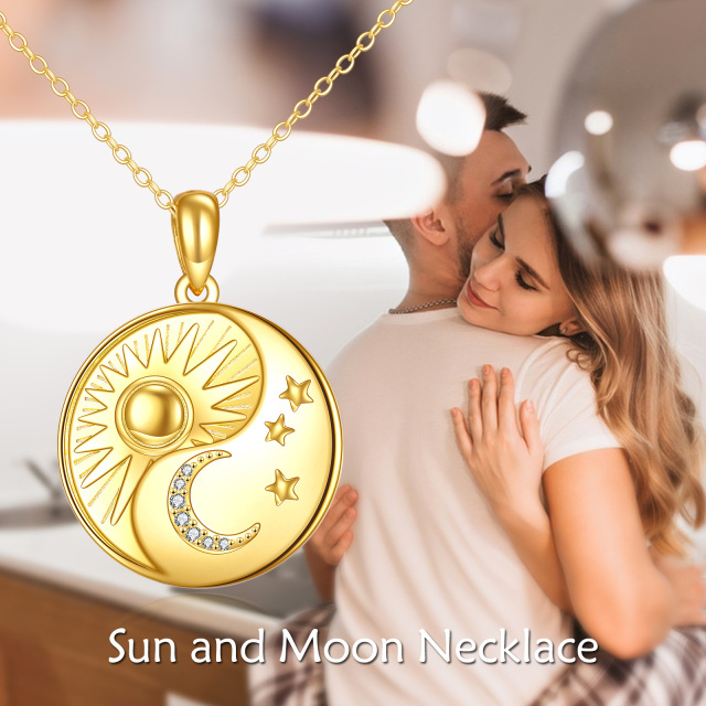 Sterling Silver with Yellow Gold Plated Circular Shaped Cubic Zirconia Moon & Round & Star & Sun Pendant Necklace-6