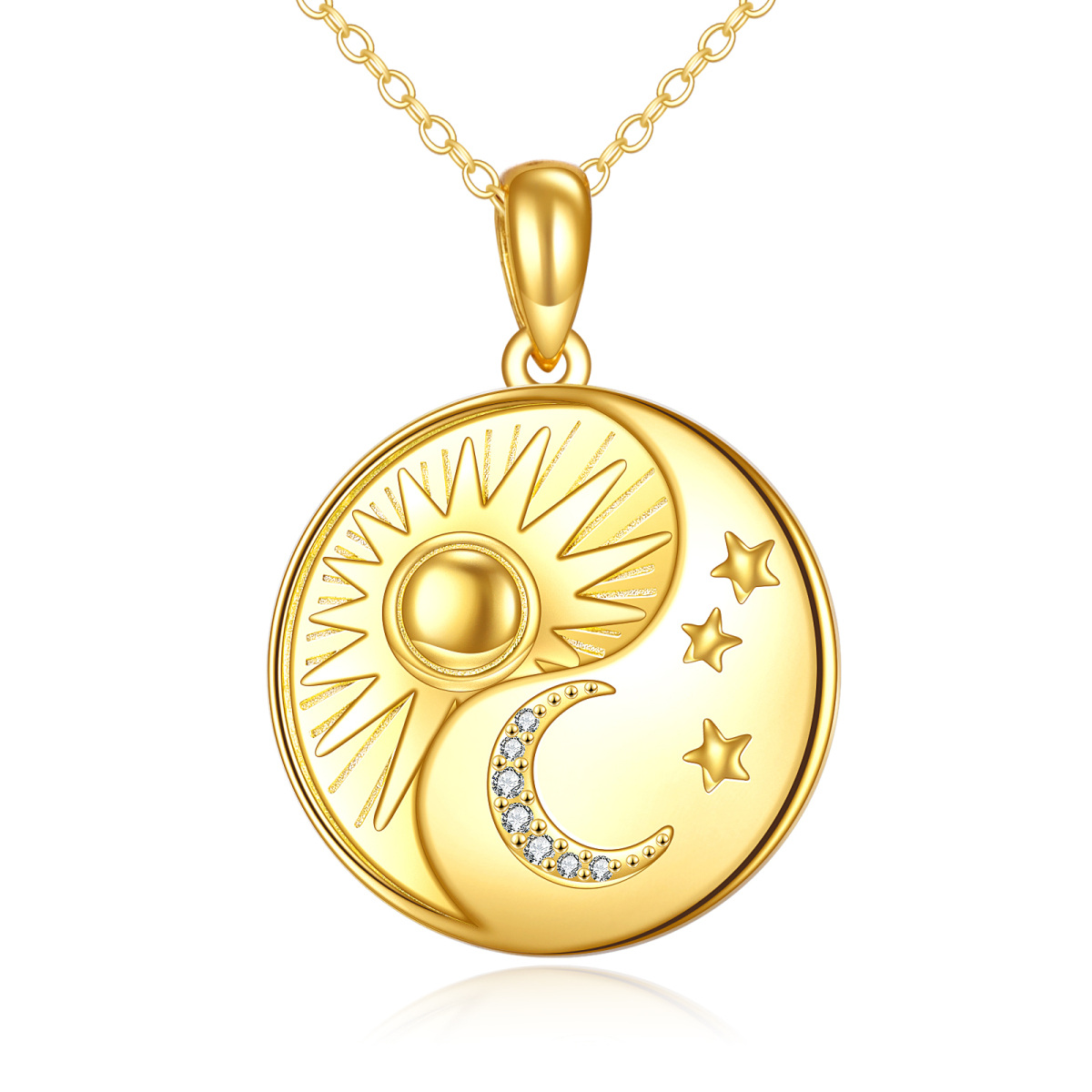 Sterling Silver with Yellow Gold Plated Circular Shaped Cubic Zirconia Moon & Round & Star & Sun Pendant Necklace-1
