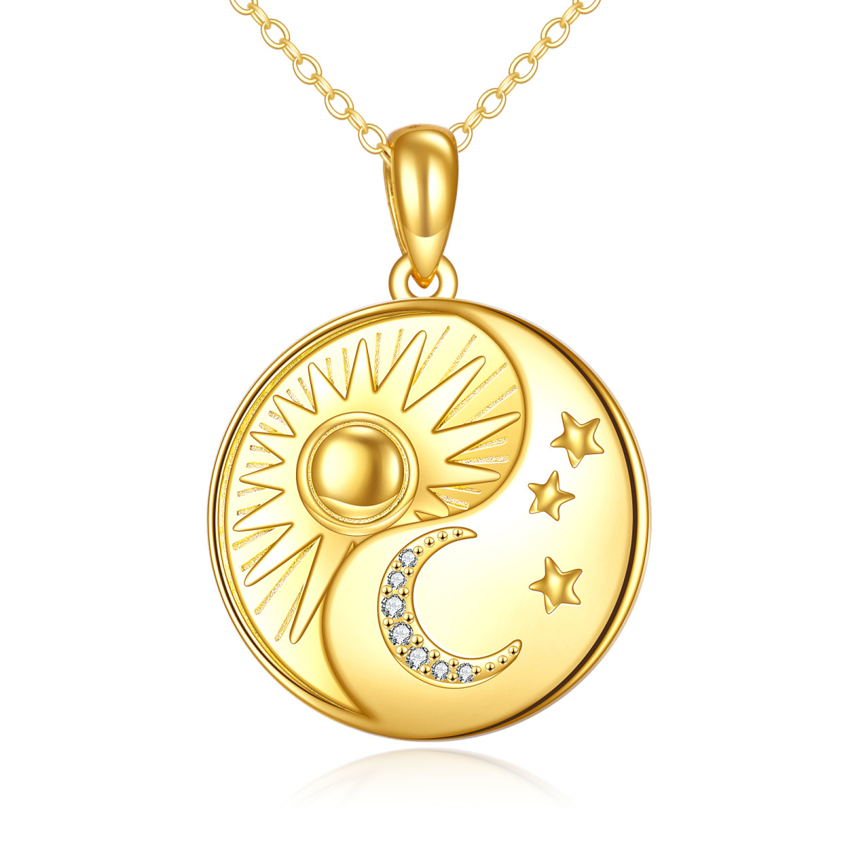 Plata de ley con chapado en oro amarillo Circular en forma de Circonita Luna y Ronda y Est-1