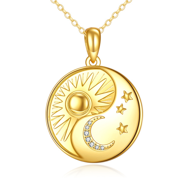 Sterling Silver with Yellow Gold Plated Circular Shaped Cubic Zirconia Moon & Round & Star & Sun Pendant Necklace-0