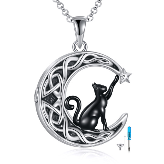 Collier d'urne de lune de noeud celtique de chat bicolore en argent sterling pour les cendres