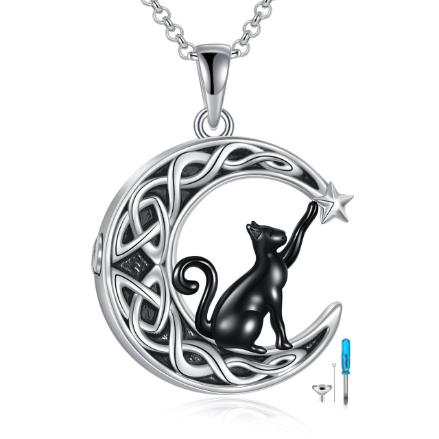 Sterling Silver Two-tone Cat & Celtic Knot & Moon Urn Necklace for Ashes-2