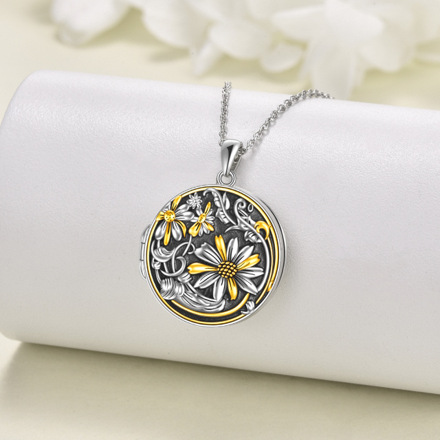Sterling Silver Tri-tone Sunflower Personalized Photo Locket Necklace-2