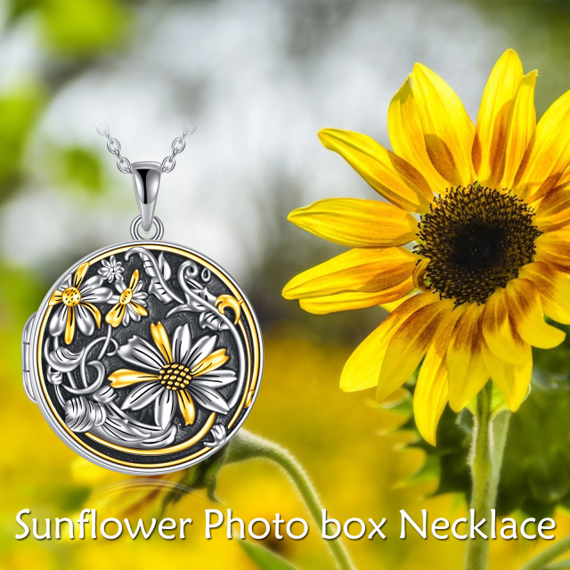 Sterling Silver Tri-tone Sunflower Personalized Photo Locket Necklace-4