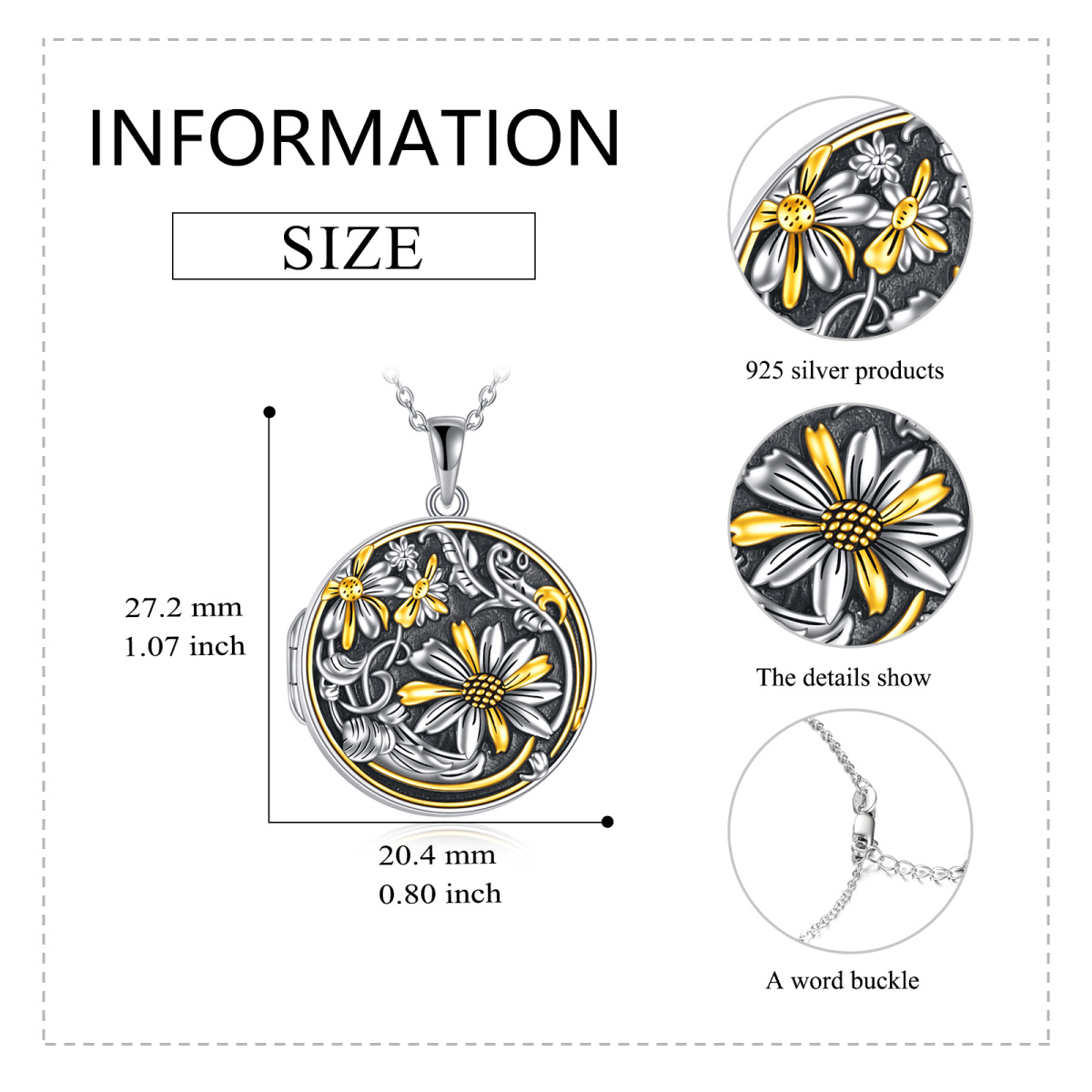 Sterling Silber Dreifarbig Sonnenblume Personalisierte Foto Medaillon Halskette-6