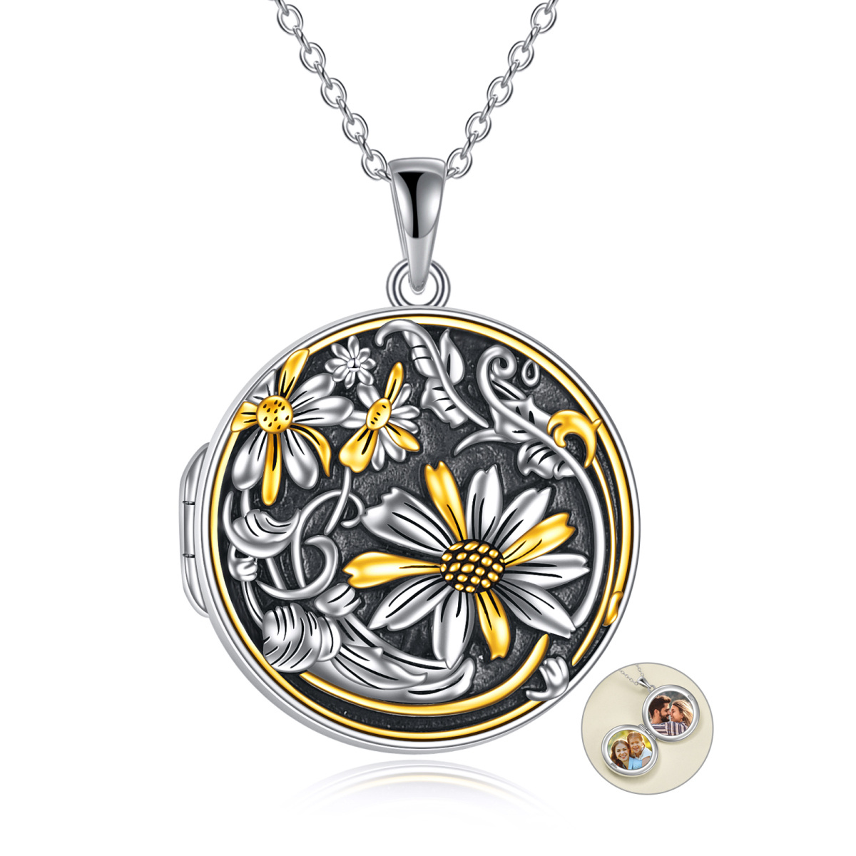 Sterling Silver Tri-tone Sunflower Personalized Photo Locket Necklace-1