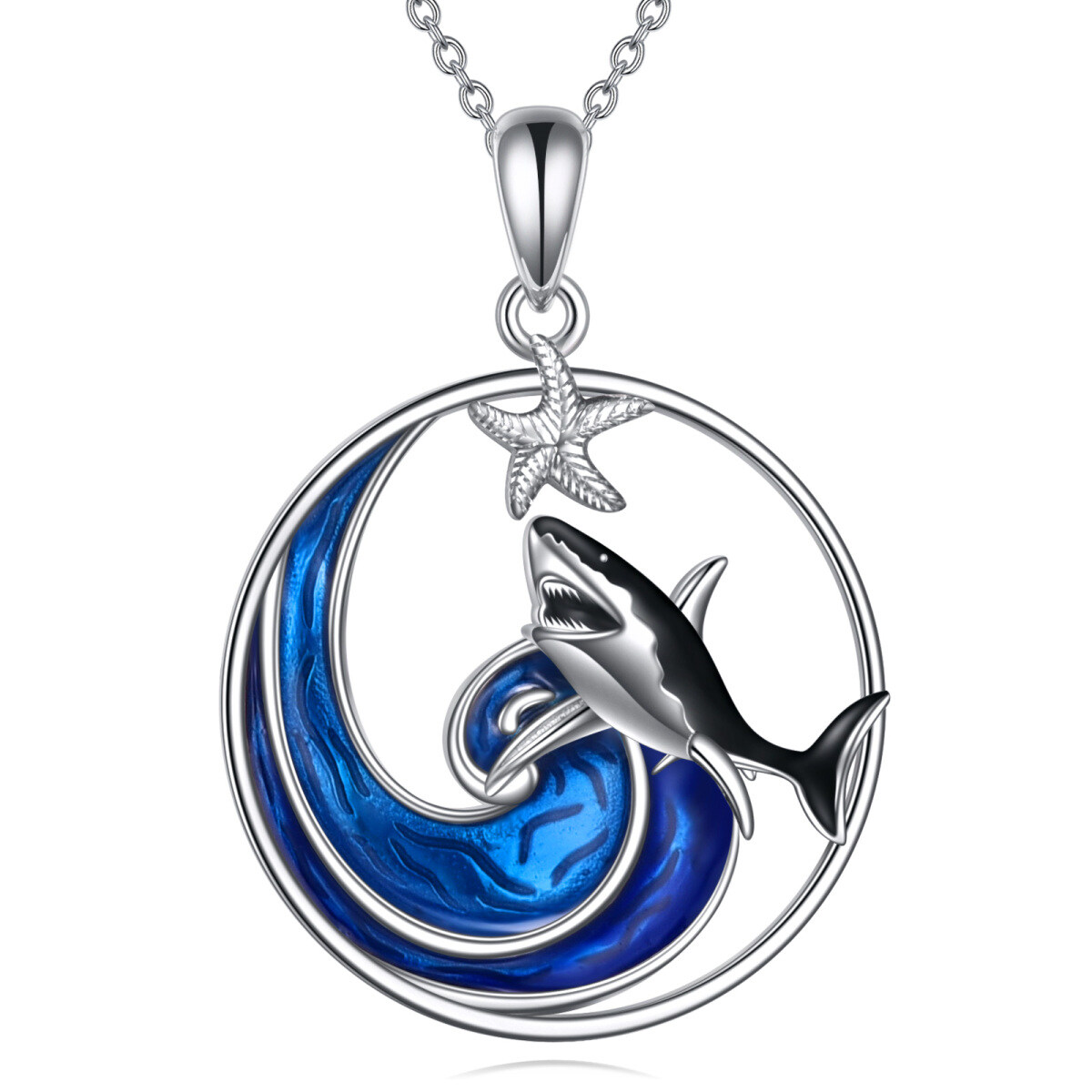 Sterling Silver Shark & Starfish Pendant Necklace-1