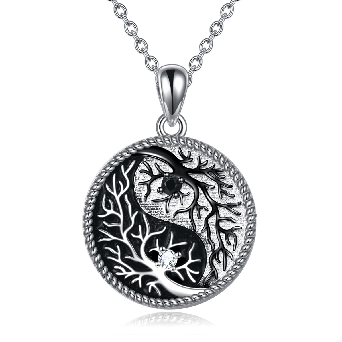 Sterling Silver Two-tone Circular Shaped Cubic Zirconia Tree Of Life Pendant Necklace-1