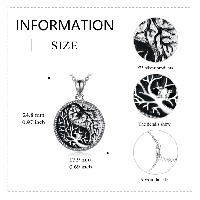Sterling Silver Two-tone Circular Shaped Cubic Zirconia Tree Of Life Pendant Necklace-4