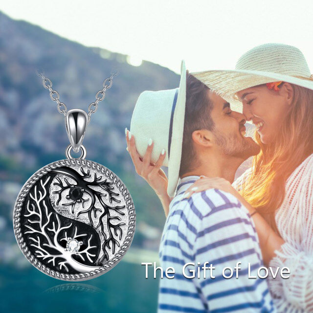 Sterling Silver Two-tone Circular Shaped Cubic Zirconia Tree Of Life Pendant Necklace-5