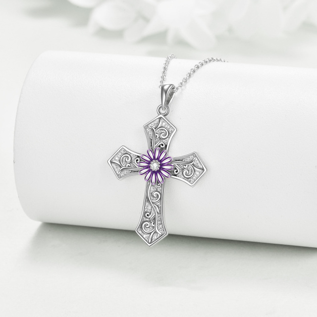 Sterling Silver Chrysanthemum & Cross Pendant Necklace-2