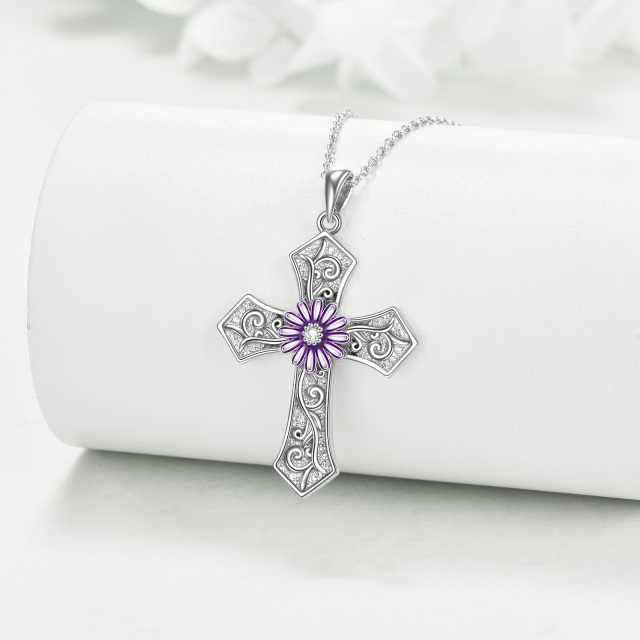 Collier en argent sterling avec pendentif chrysanthème et croix-2