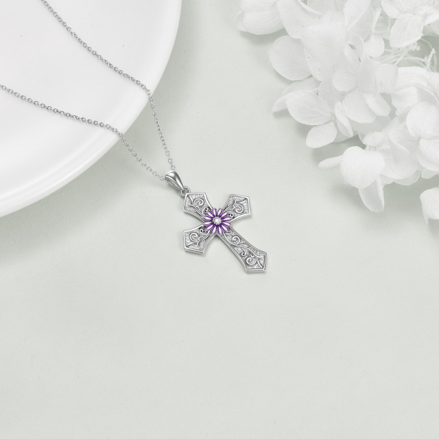 Sterling Silver Chrysanthemum & Cross Pendant Necklace-3