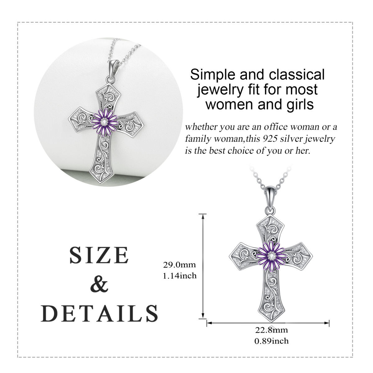 Sterling Silver Chrysanthemum & Cross Pendant Necklace-6