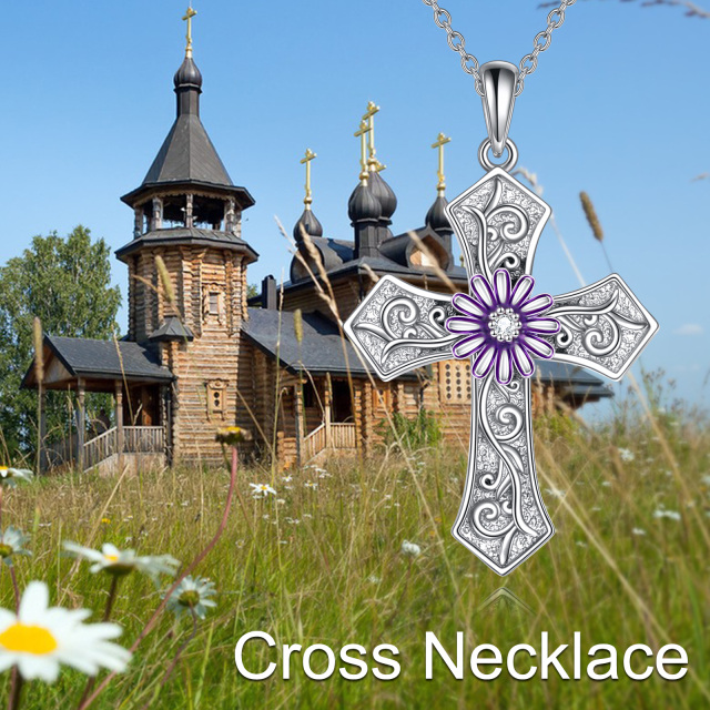 Collier en argent sterling avec pendentif chrysanthème et croix-4