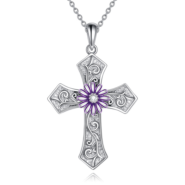 Sterling Silver Chrysanthemum & Cross Pendant Necklace-0