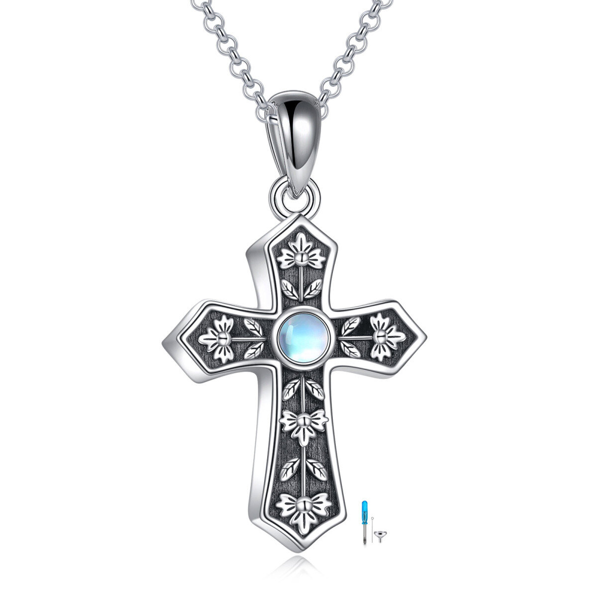 Sterling Silver Round Moonstone Cross Urn Necklace for Ashes-1