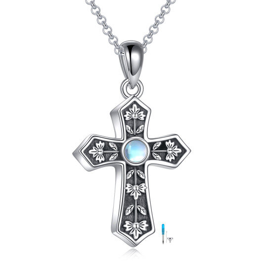 Sterling Silver Round Moonstone Cross Urn Necklace for Ashes