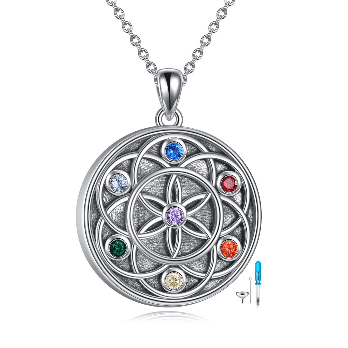 Sterling Silver Circular Shaped Cubic Zirconia Flower Of Life & Chakras Urn Necklace for Ashes with Engraved Word-1