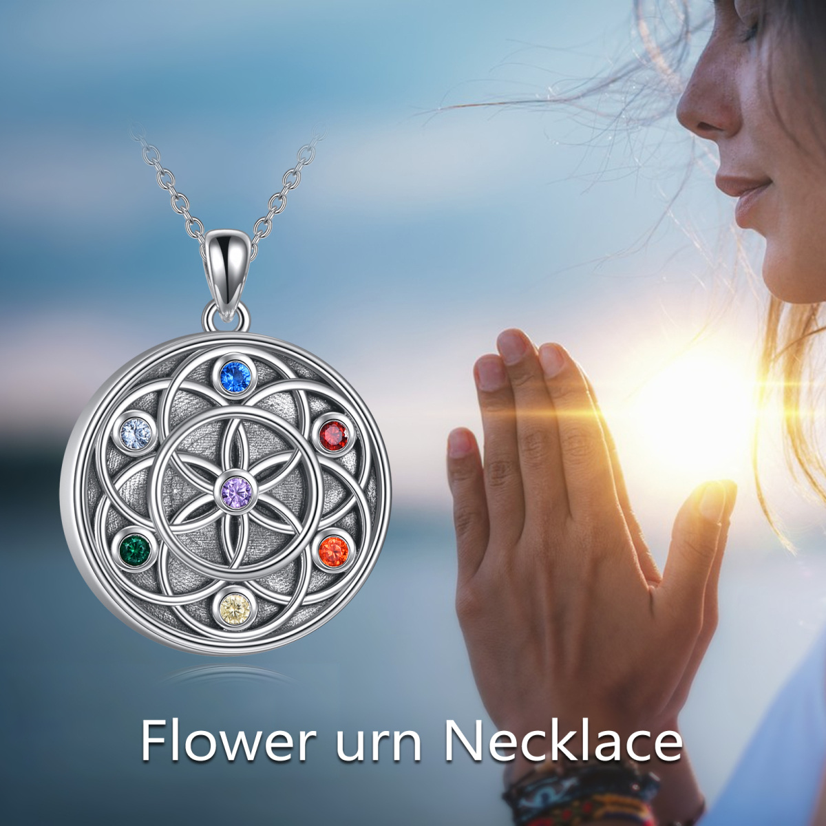 Sterling Silver Circular Shaped Cubic Zirconia Flower Of Life & Chakras Urn Necklace for Ashes with Engraved Word-6