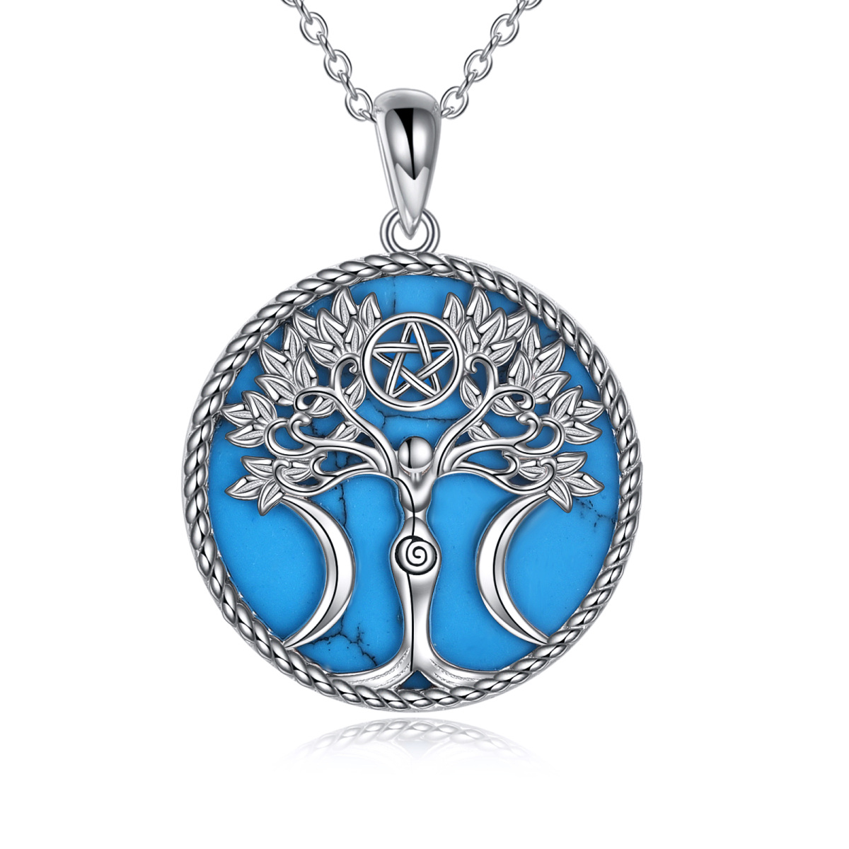 Sterling Silver Circular Shaped Turquoise Tree Of Life & Pentagram & Triple Moon Goddess Pendant Necklace-1