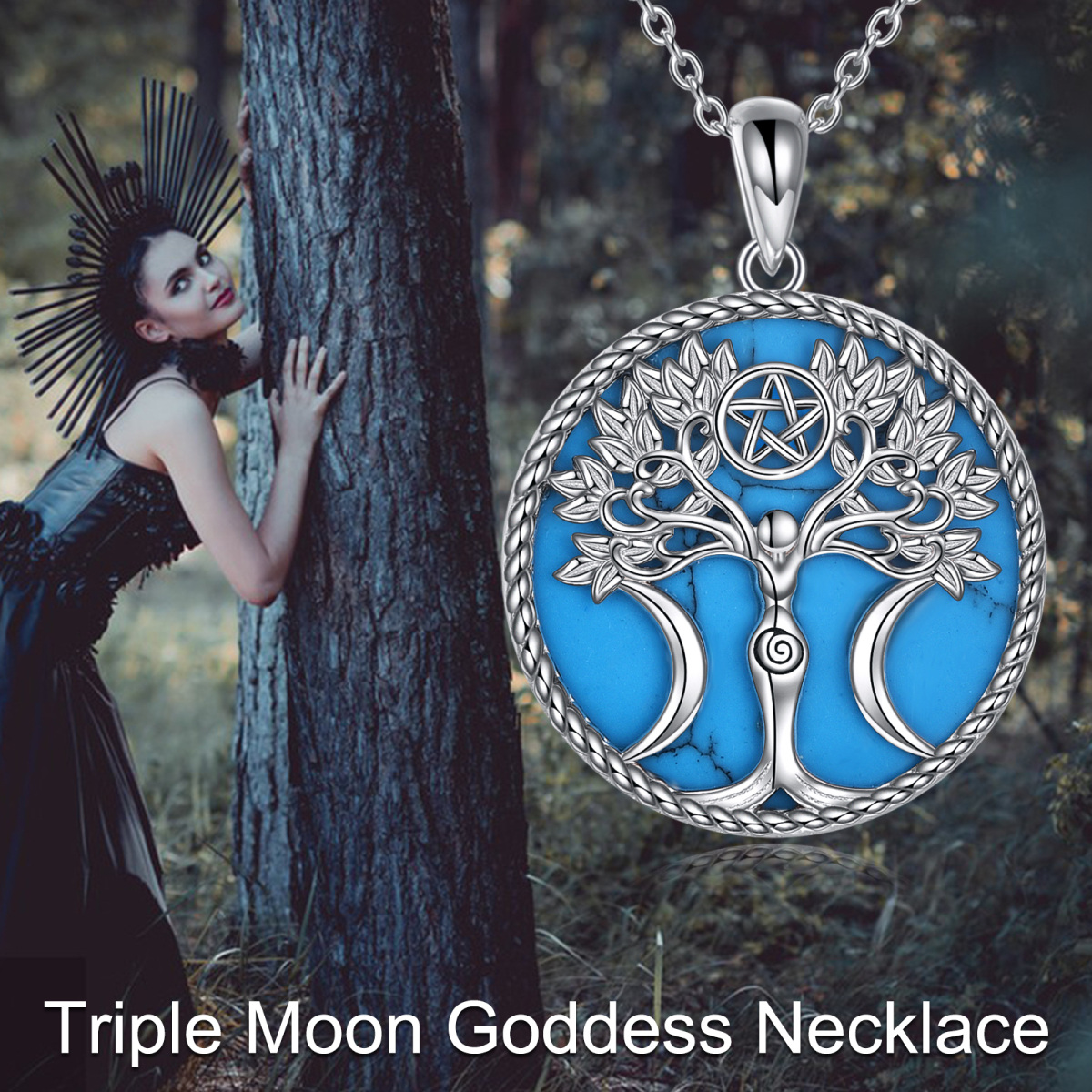 Sterling Silver Circular Shaped Turquoise Tree Of Life & Pentagram & Triple Moon Goddess Pendant Necklace-6