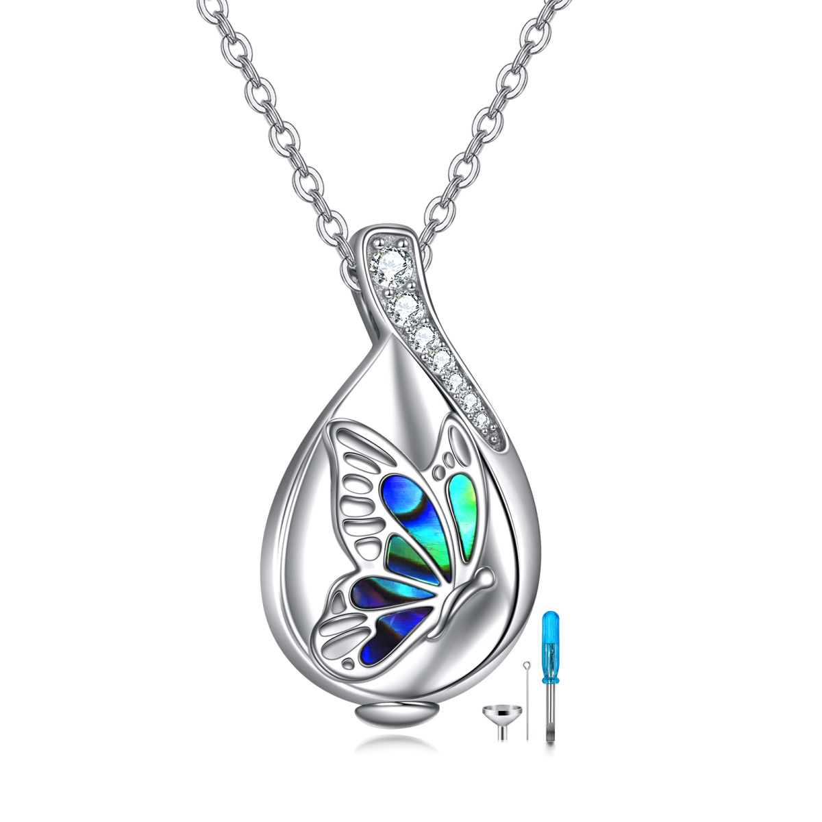 Sterling Silver Abalone Shellfish & Cubic Zirconia Butterfly Urn Necklace for Ashes-1