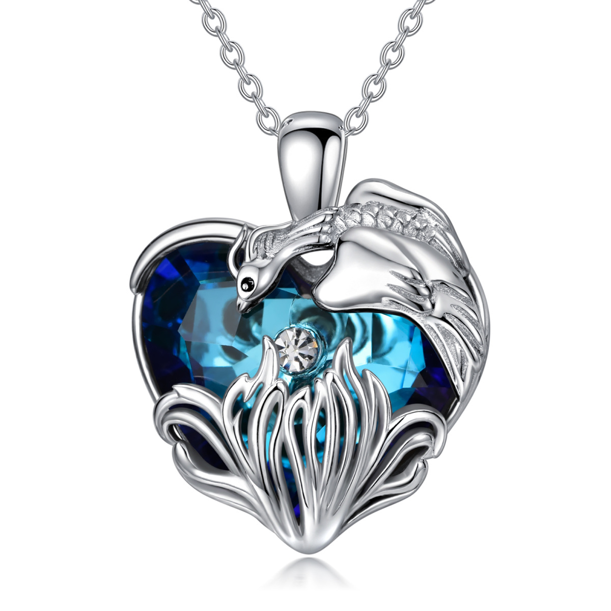 Sterling Silver Phoenix & Heart Crystal Pendant Necklace-1
