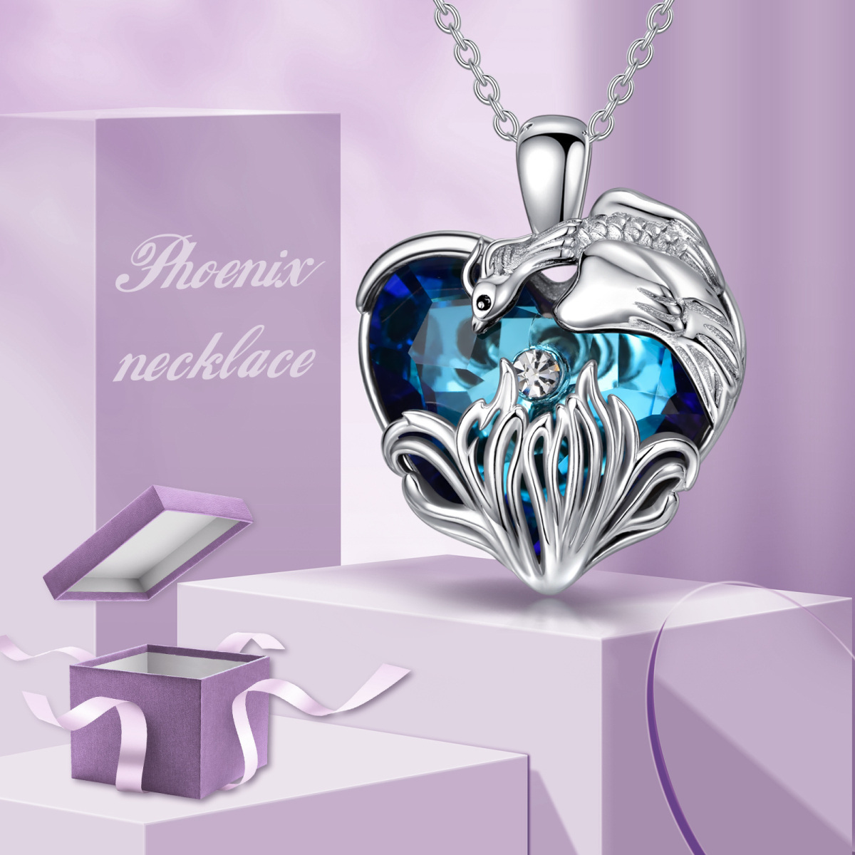 Sterling Silver Phoenix & Heart Crystal Pendant Necklace-6