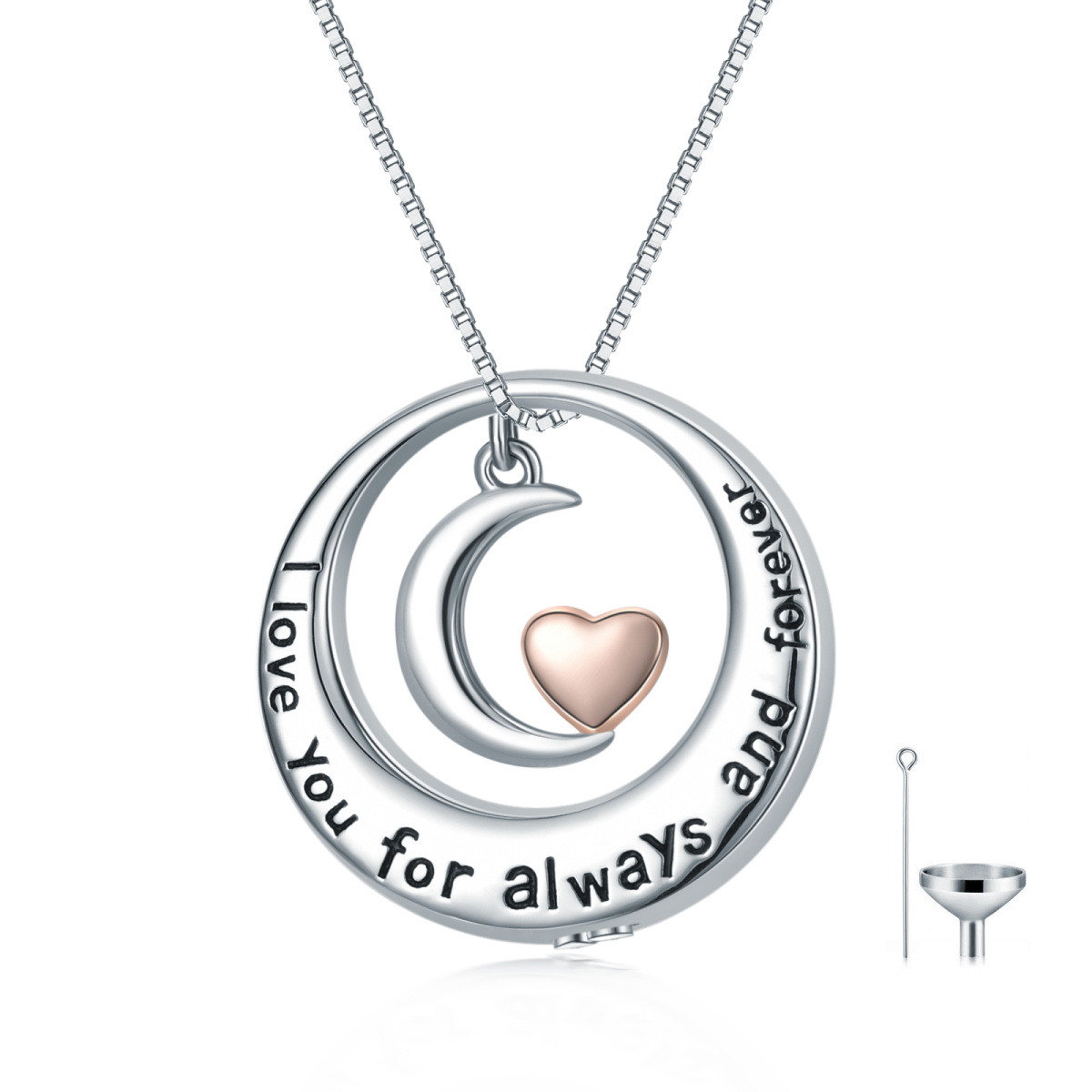 Sterling Silver Two-tone Moon Urn Necklace for Ashes with Engraved Word-1