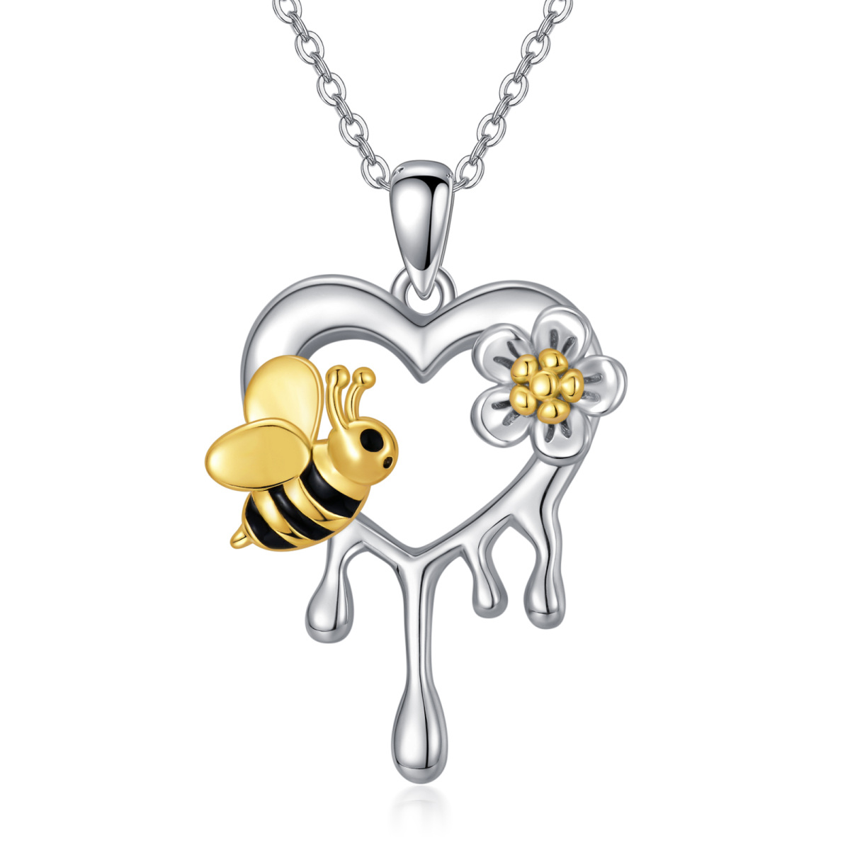 Sterling Silver Two-tone Bee & Heart Pendant Necklace-1