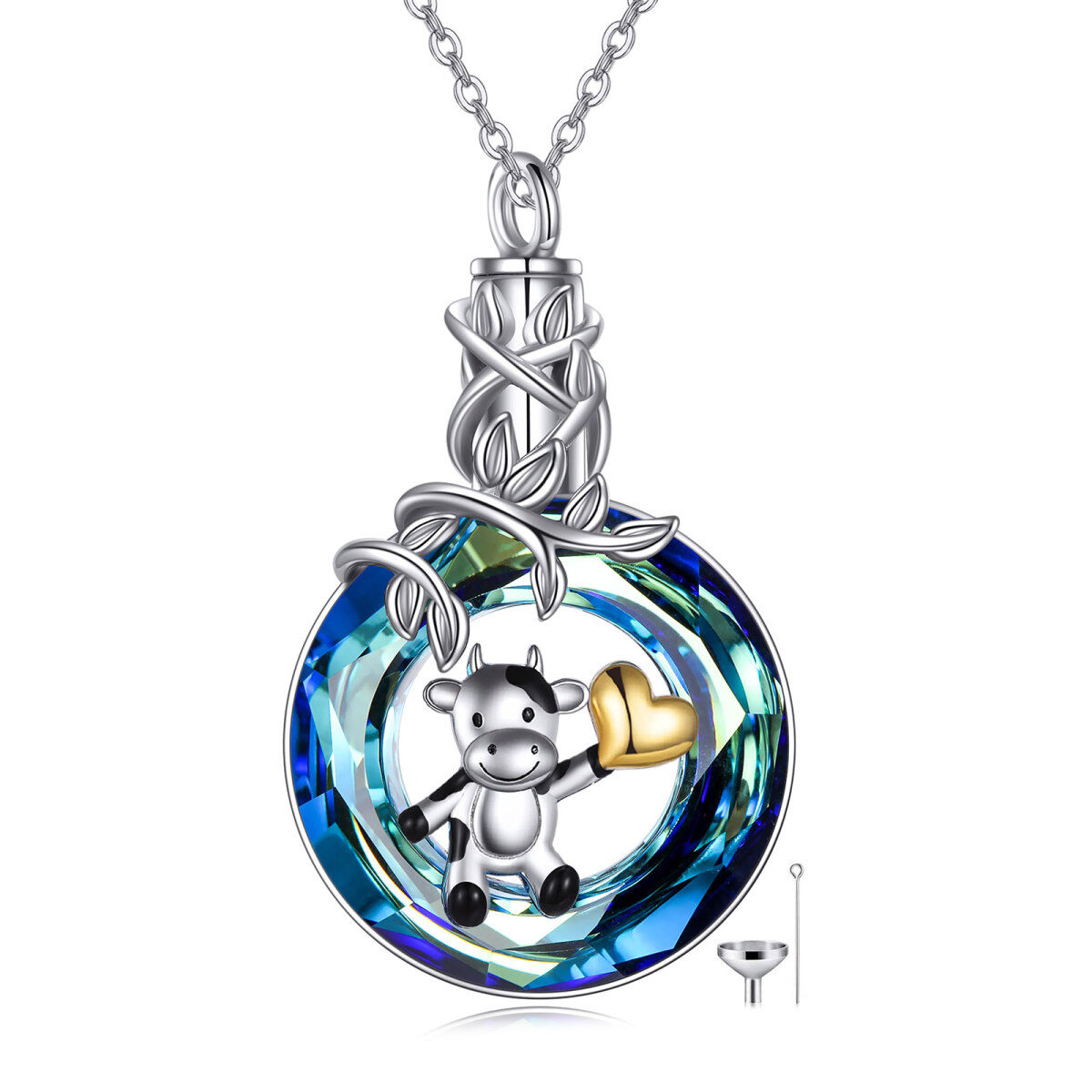 Sterling Silver Tri-tone Circular Shaped Crystal Cow & Heart Urn Necklace for Ashes-1