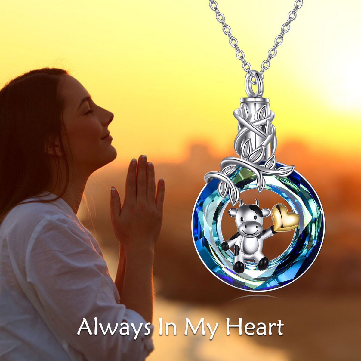 Sterling Silver Tri-tone Circular Shaped Crystal Cow & Heart Urn Necklace for Ashes-4