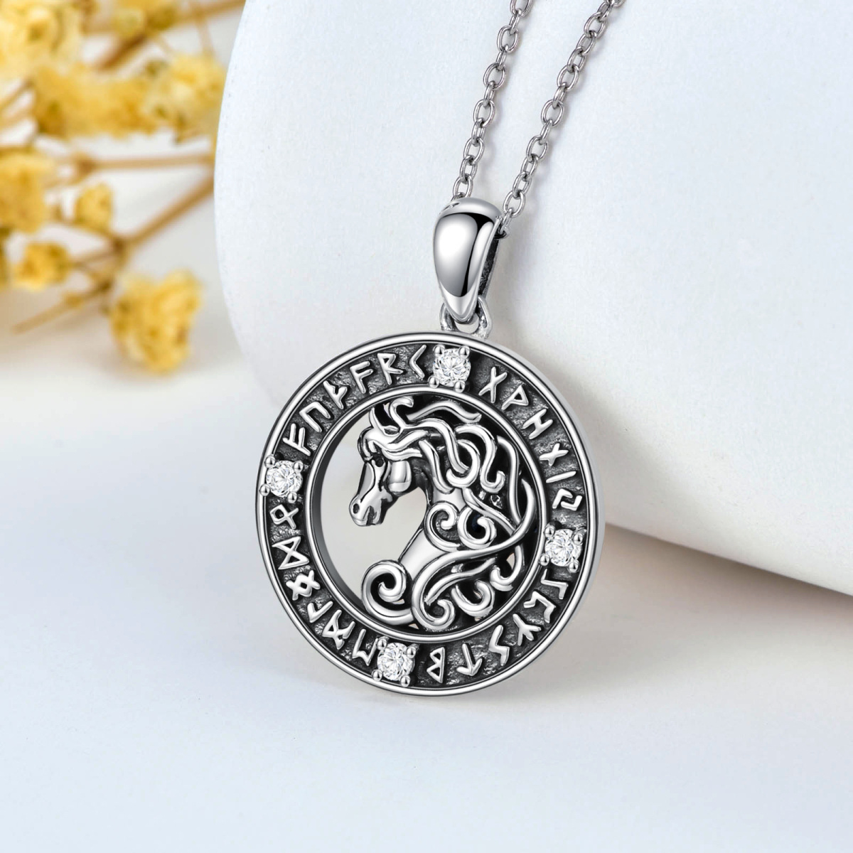 Sterling Silver Circular Shaped Cubic Zirconia Horse & Round & Viking Rune Pendant Necklace-3