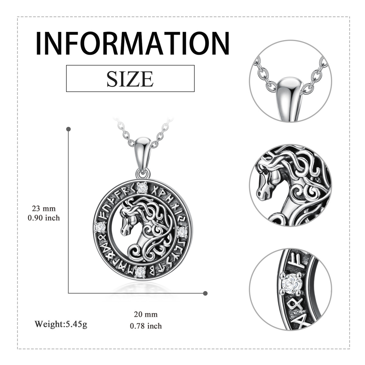 Sterling Silver Circular Shaped Cubic Zirconia Horse & Round & Viking Rune Pendant Necklace-5