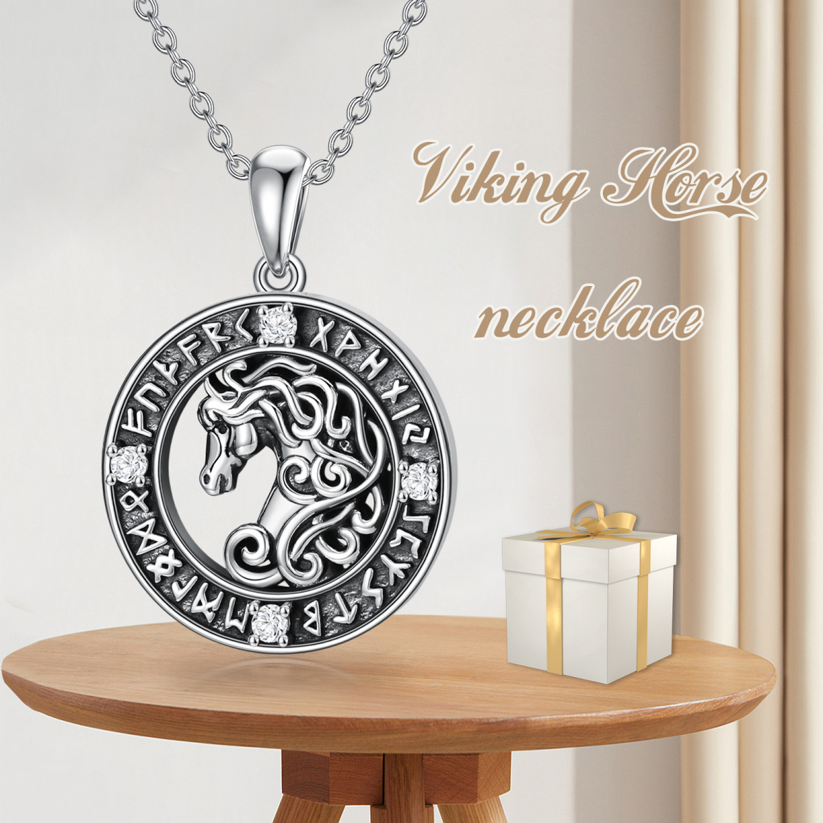 Sterling Silver Circular Shaped Cubic Zirconia Horse & Round & Viking Rune Pendant Necklace-6