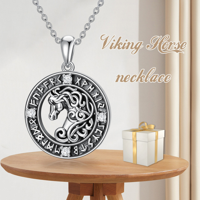 Sterling zilveren ronde vorm Cubic Zirconia paard & ronde en Viking Rune hanger ketting-6