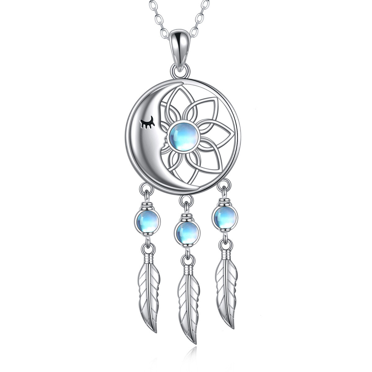 Sterling Silver Circular Shaped Moonstone Dream Catcher Pendant Necklace-1