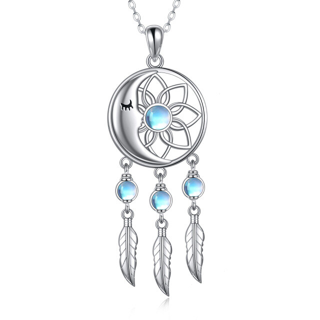 Sterling Silver Circular Shaped Moonstone Dream Catcher Pendant Necklace-0