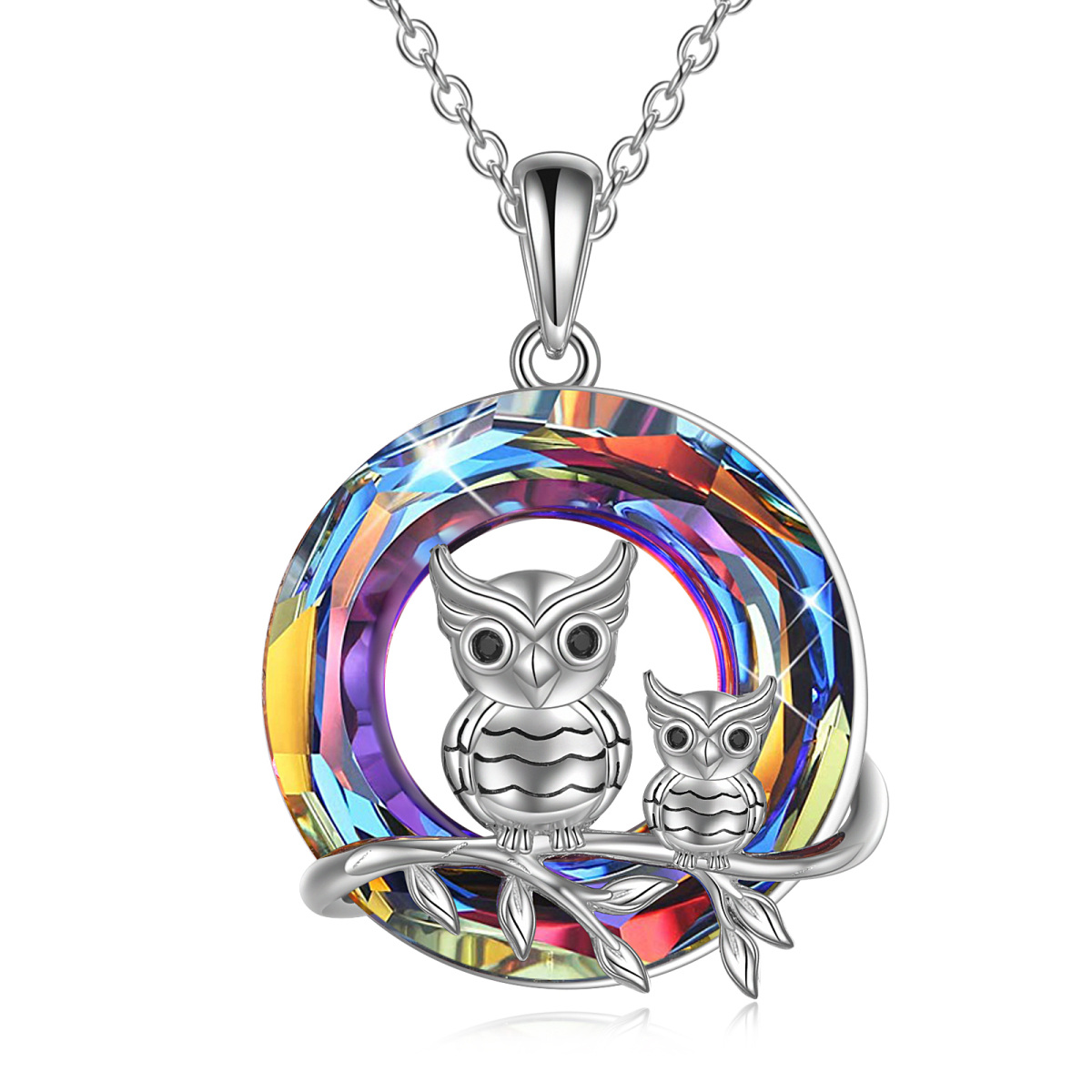 Sterling Silver Circular Shaped Owl Crystal Pendant Necklace-1
