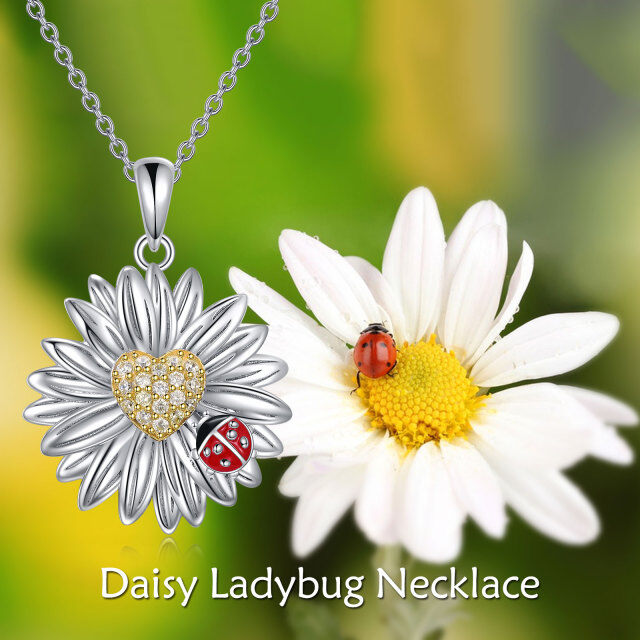 Sterling Silver Two-tone Round Cubic Zirconia Ladybug & Daisy Pendant Necklace-3