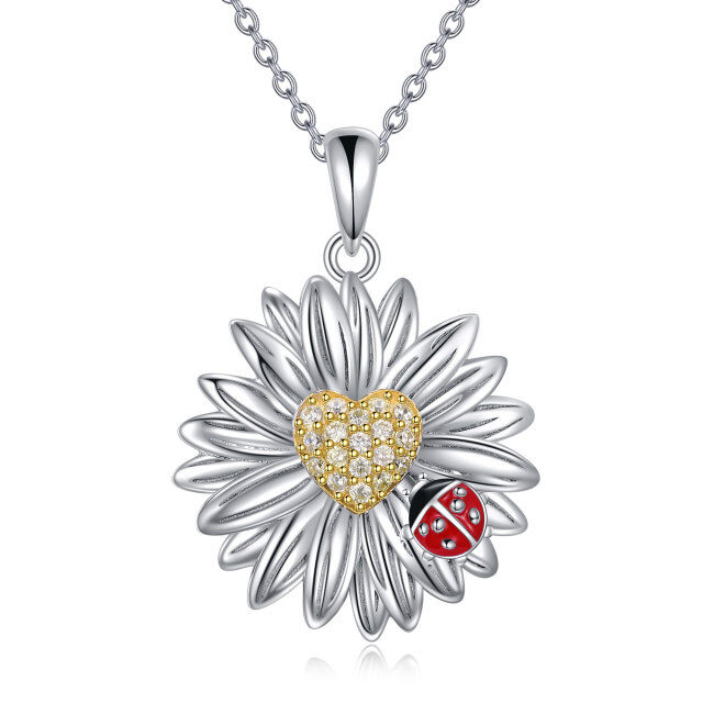 Sterling Silver Two-tone Round Cubic Zirconia Ladybug & Daisy Pendant Necklace-1